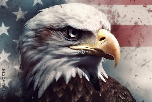 Closeup profile of North American bald eagle against USA flag. The 4th of July celebration. AI generative photo