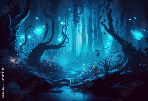 Gloomy fantasy forest scene at night with glowing lights. Generative AI.