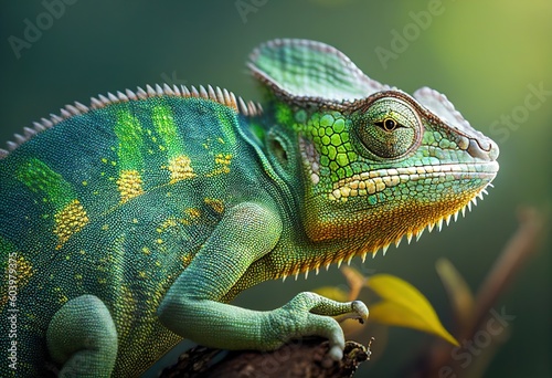 Green colored chameleon close up. Generative AI.
