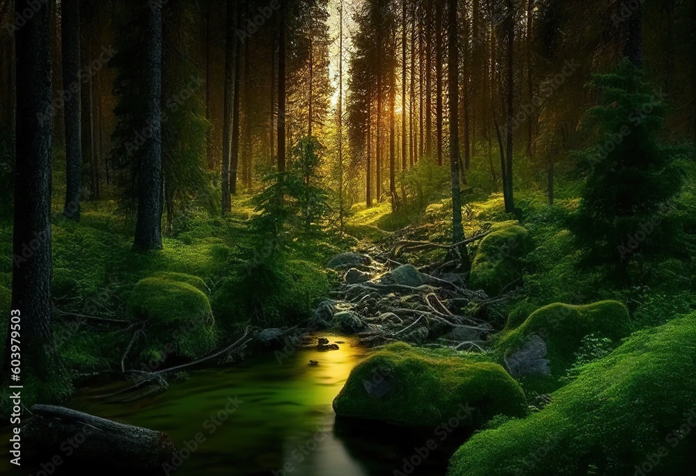 Obraz premium Green forest and forest stream at sunset. Generative AI.