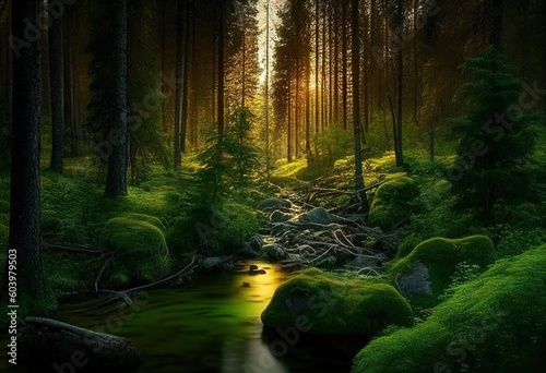 Green forest and forest stream at sunset. Generative AI.