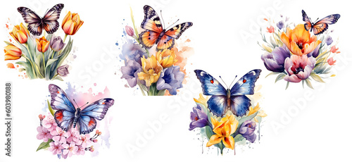 Watercolor Spring Flower with Butterfly, isolated,  generated ai