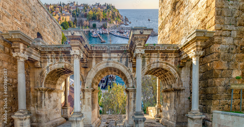 Welcome to the magnificent Antalya concept. Collage of famous landmarks: Hadrian's Gate old town Kaleici district and Konyaaltı beach popular holiday destination in Antalya, Turkey
