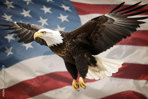 North American bald eagle flying against USA flag. The 4th of July celebration, Independence Day of USA. AI generative photo