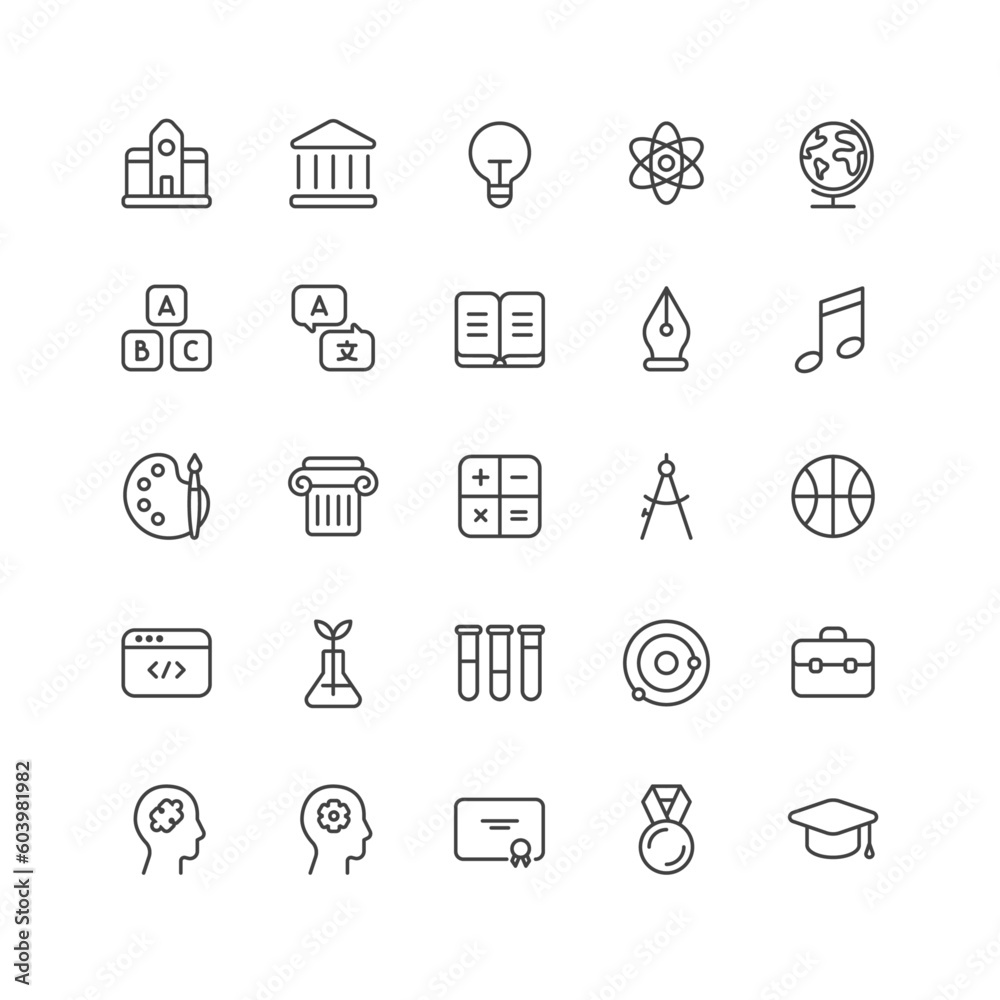 Outline style ui icons education and school class collection. Vector black linear icon illustration set. Science subject, building, art and book symbol. Design element for stem, biology, chemistry Outline style ui icons education and school class collection. Vector black linear icon illustration set. Science subject, building, art and book symbol. Design element for stem, biology, chemistry