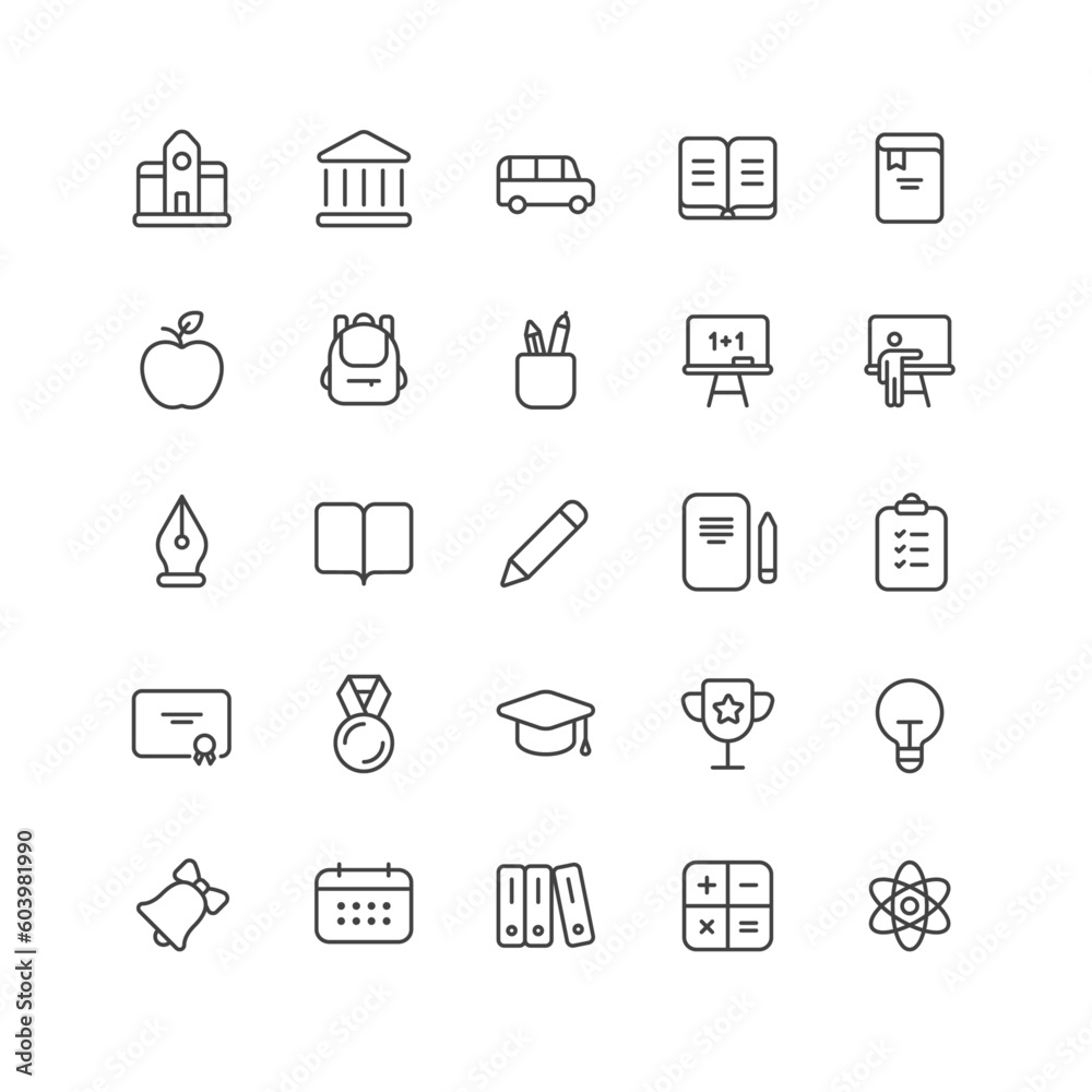 Outline style ui icons education and school class collection. Vector black linear icon illustration set. Science subject, building, graduation and book symbol. Design element