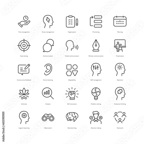 Outline style ui icons soft skill for business collection. Vector black linear icon illustration set. Human useful ability for work symbol isolated on white background. Design for corporate training