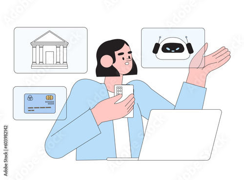 Online banking service concept. Female character talk to chat bot or bank application support online on smartphone. AI help or software for business mobile application or website. Pesonal assistant. photo
