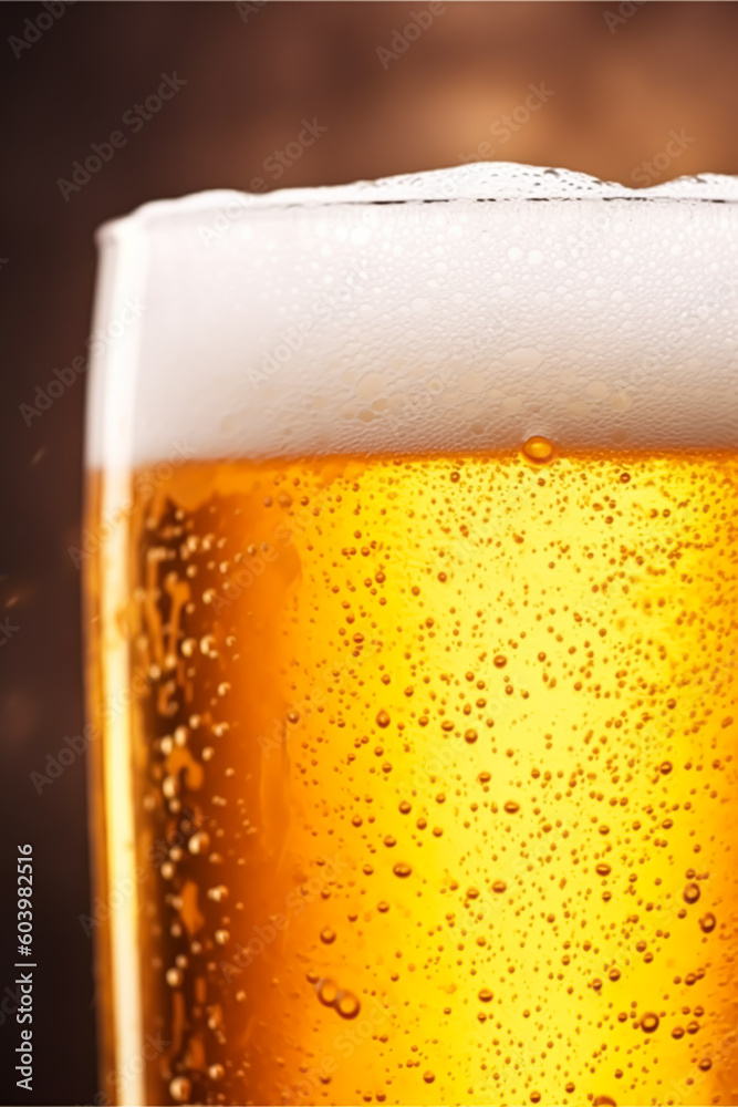 Close-up glass of cold beer with foam as texture and background, post-processed, generative ai Close-up glass of cold beer with foam as texture and background, post-processed, generative ai
