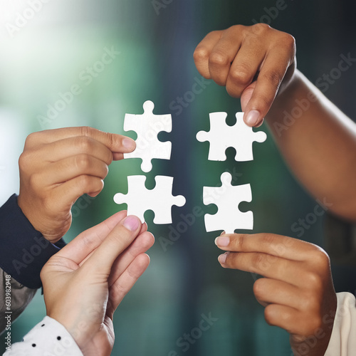 People, hands or puzzle collaboration for problem solving ideas with planning, team building or strategy. Hand with jigsaw, zoom or meeting for partnership or community group with mission or solution