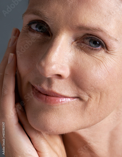 Face, natural and beauty of mature woman doing cosmetic skincare facial in closeup for wellness. Cosmetics, care and portrait of old female model with elderly glow skin due to anti aging dermatology