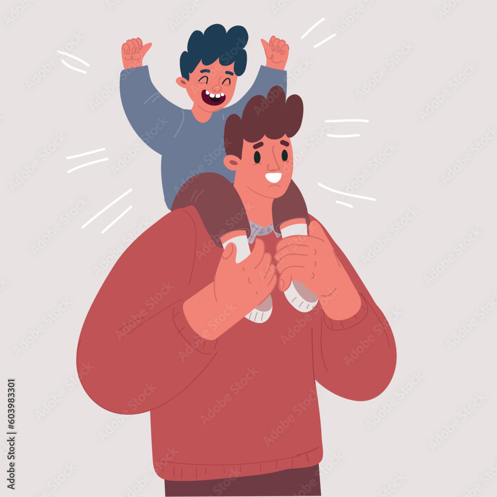 Vector illustration of father and boy. The son sits on his dad's shoulders