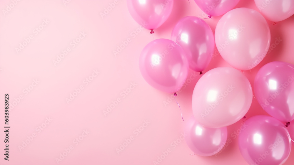 A generative AI image of pink helium party balloons floating on a pink background