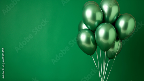 Obraz na płótnie A generative AI image of green helium party balloons floating on a green backgro