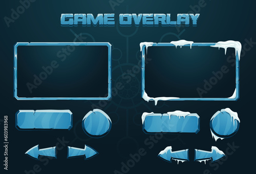 Frozen stream overlay for gamers and game makers. blue icy frame can be used as facecam live cam border while streaming. buttons and arrows with cracked surface and snow on top shows winter season
