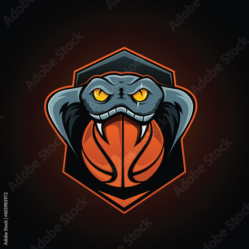 Angry snake looking at you while biting a basketball. scary team mascot logo for gamers who play sports games. best for profile pic avatar to look dangerous. print on tee shirt or as a sticker