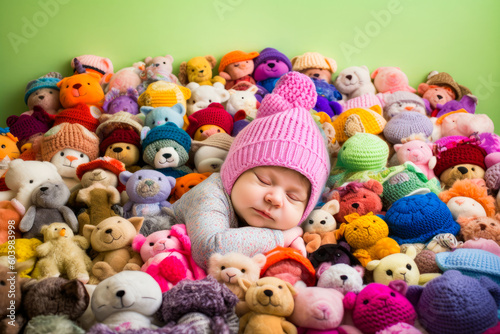 Newborn photo surrounded by toys, generative ai