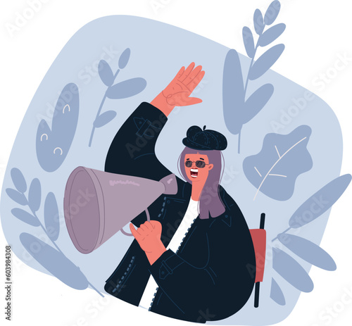 Vector illustration of shouting director film woman with megaphone