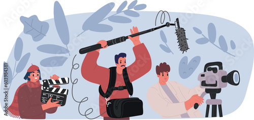 Vector illustration of men and woman movies shooting equipment. Concept characters with camera, microphone, woman with clapperboard