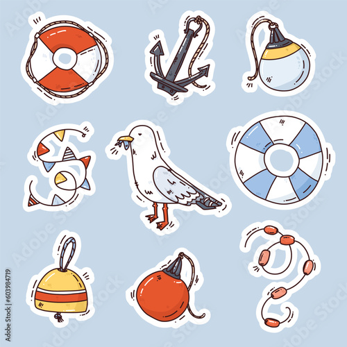 cute vector illustration of seagull and lifebuoy