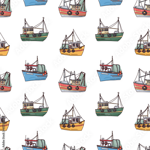 cute vector seamless pattern of fishing boats