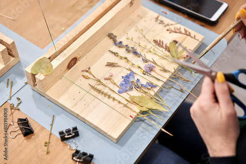 Master class on creating frame with Herbarium in tiffany technique in stained glass. A woman lays out a composition. Herbarium of dried different plants and flowers placed under a glass