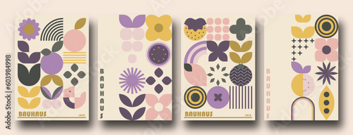 Geometric minimalist Spring / Summer posters. Modern soft bauhaus inspired shapes, primitive blocks swiss style. Trendy flowers and crops art templates.