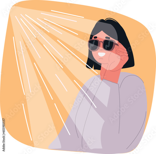 Vector illustration of woman wearing glasses and look at sun. Sun ray