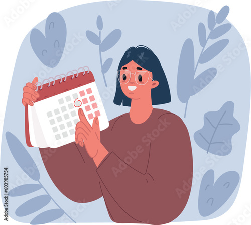 Vector illustration of Young woman points finger at calendar with marks recommending time management or paying attention to date. Girl in glasses announces important upcoming event