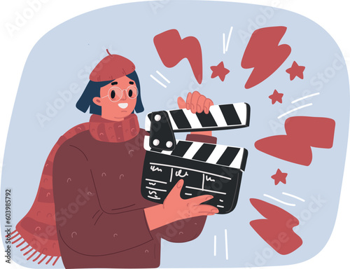 Vector illustration of Movie assistance concept. Young clapperboard girl fires take for movie camera. Video recording, film or series production. Director on set or woman assistant.