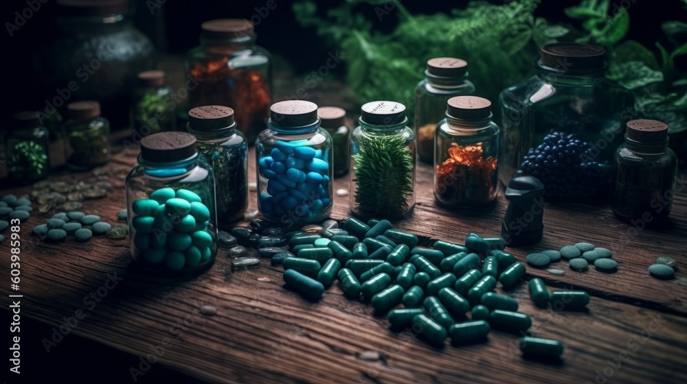 Pills on Dark Wood Table. Organic Pills on Dark Wood Table. Colorful Gardens. Illustration. Postprocessing Generative AI.