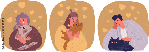 Vector illustration of People and pets set. People hug and petting dogs and cats