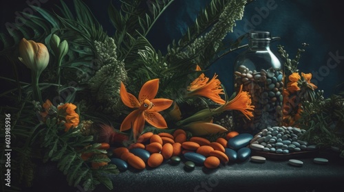 Floral Still-Life: Pills, Plants, and Textures on Table. Provia Photo. Postprocessing Generative AI.