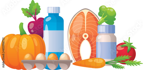 Healthy diet, set of healthy vegetables, meat and egg