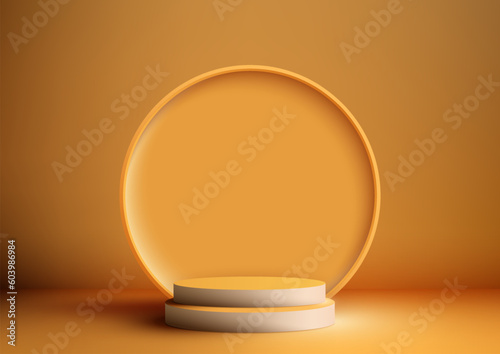 3D realistic empty white and yellow podium stand with circle backdrop on yellow background and natural lighting © phochi