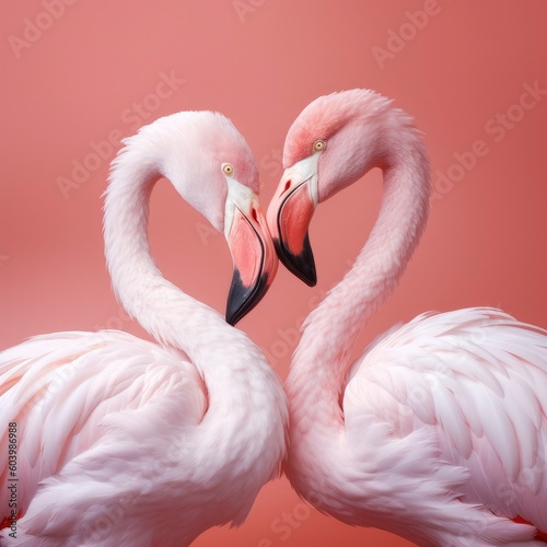 closeup of two flamingos making a heart on a pink background .Generative AI
