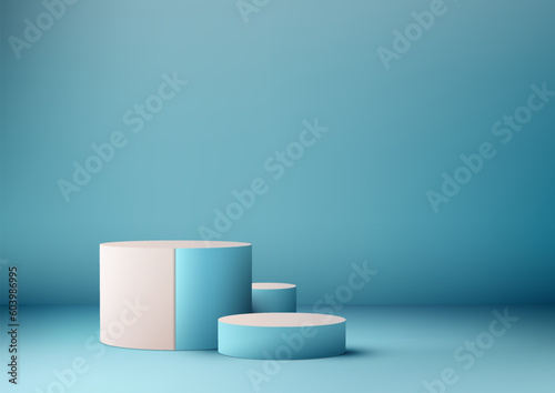 3D realistic group of empty blue and pink podium stand on blue background and natural lighting modern style