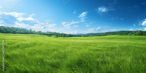 Campo verde di erba fresca con cielo azzuzzo