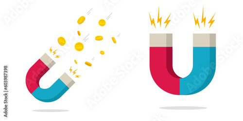 Magnet 3d icon vector and earn attract money cash force power of wealth rich graphic illustration, financial success energy feature concept clipart image
