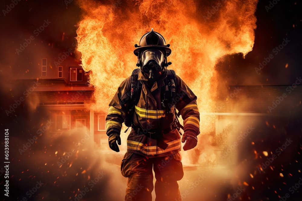 Fototapeta premium Bravery Amidst Flames, Hero Emerges. Generative AI