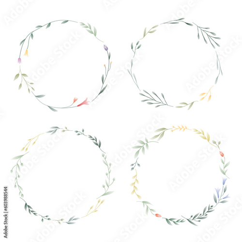 Flower and leaf wreath decoration. Botanical frame branches. Wildflowers and herbs graphic design. Isolated vector illustration great for wedding invitation, greeting card, web banners. 