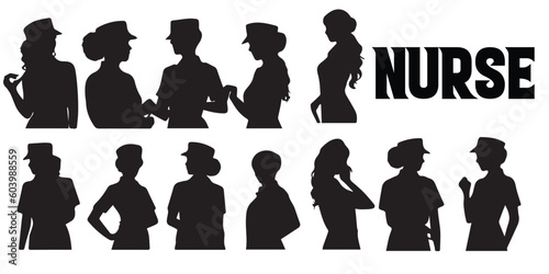 A black silhouette of a woman and a nurse vector illustration. 
