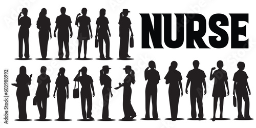 A black-and-white nurse silhouette vector illustration.