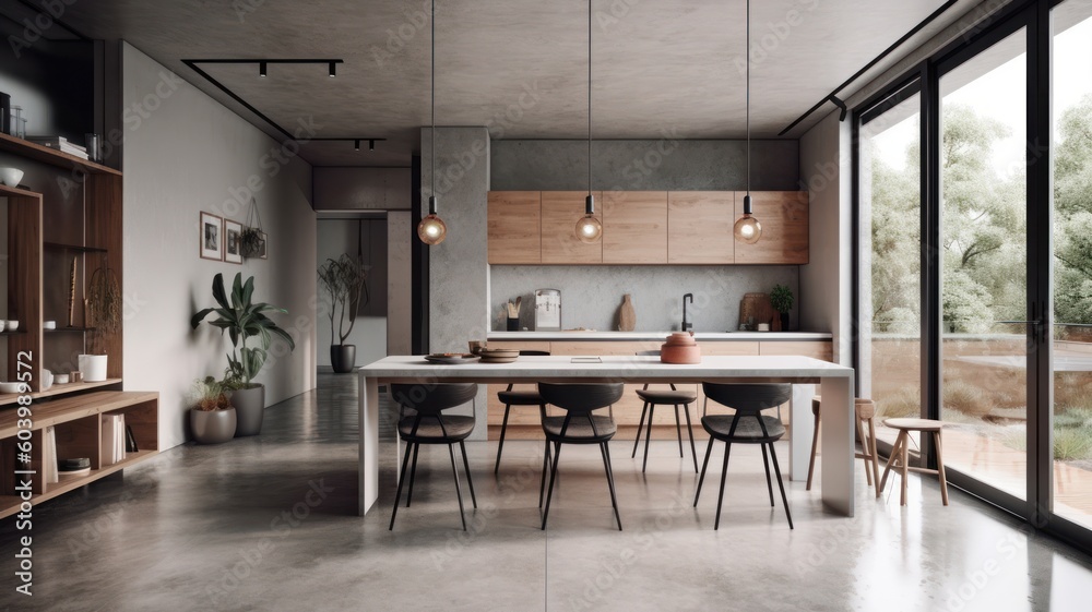 Modern spacious minimalistic kitchen with loft elements with large panoramic windows. Dining area, table and chairs. Combination of wood and concrete. Comfortable living space. Generative AI Modern spacious minimalistic kitchen with loft elements with large panoramic windows. Dining area, table and chairs. Combination of wood and concrete. Comfortable living space. Generative AI