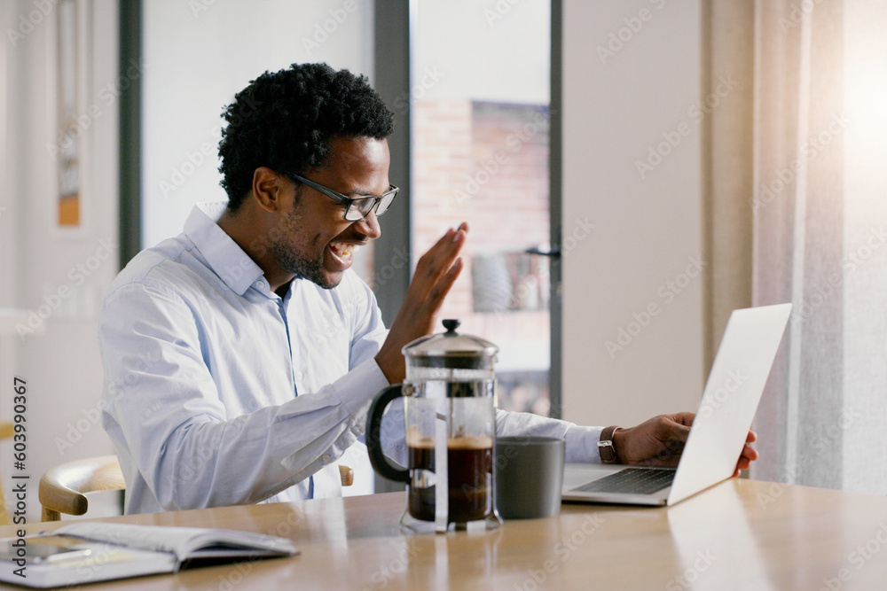 Businessman, laptop and home video call for virtual meeting, webinar or introduction in remote work. Black man or freelancer waving on computer for hello, conference or videocall in the living room