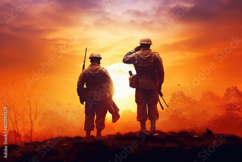 Illustration for Independence Day of the United States, July 4th - Soldiers with American flag under a beautiful sun. Generative AI