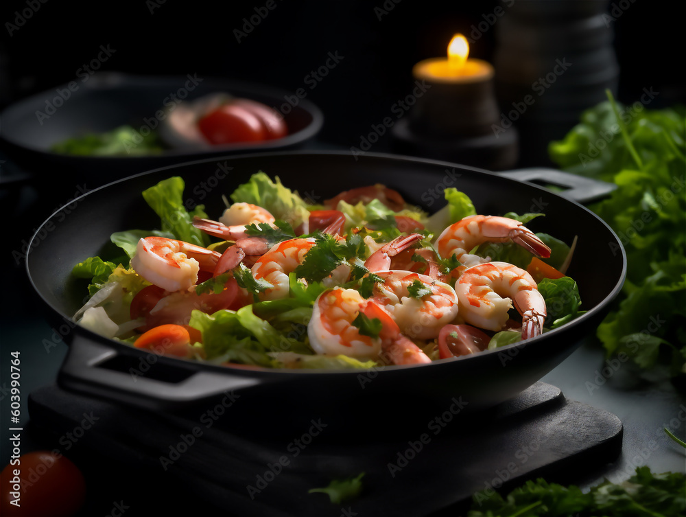 close up of ai generated salad with greens and shrimps on black plate, dark blurred background close up of ai generated salad with greens and shrimps on black plate, dark blurred background