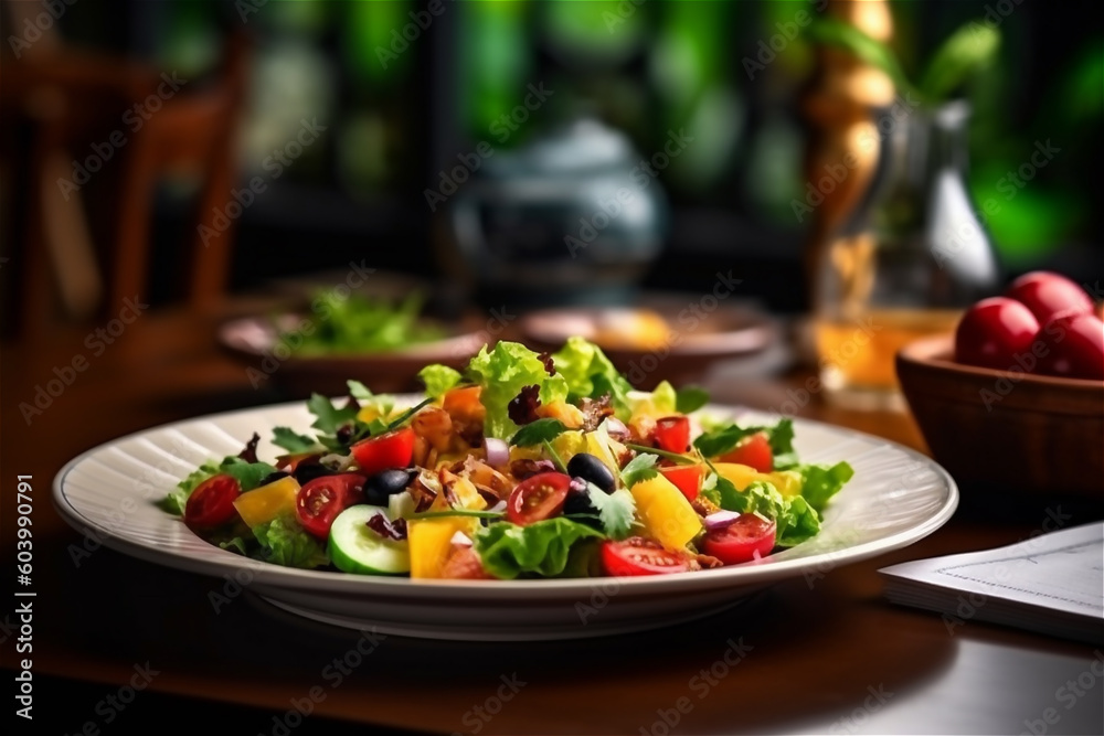 ai generated colorful salad with vegetables on white plate, blurred background 