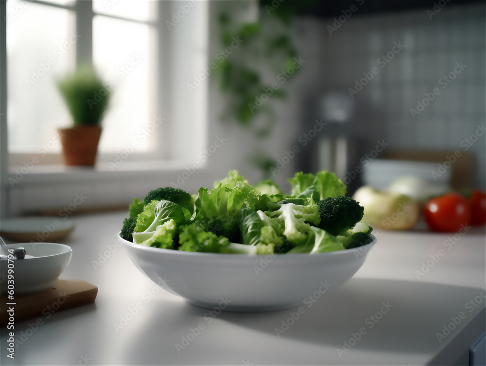 fresh green salad in a white bowl in the kitchen, blurred background, ai generated fresh green salad in a white bowl in the kitchen, blurred background, ai generated