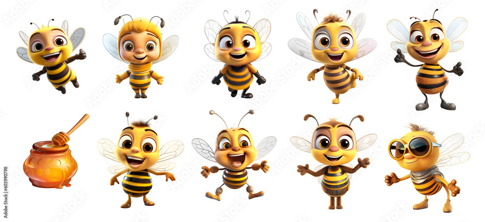 Obraz premium set of cute bee, honey bees with transparent background, Sticker, generated ai